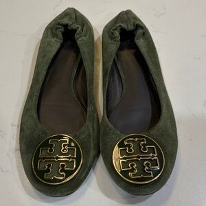 Tory Burch Green Suede Ballet Flats with Gold Logo